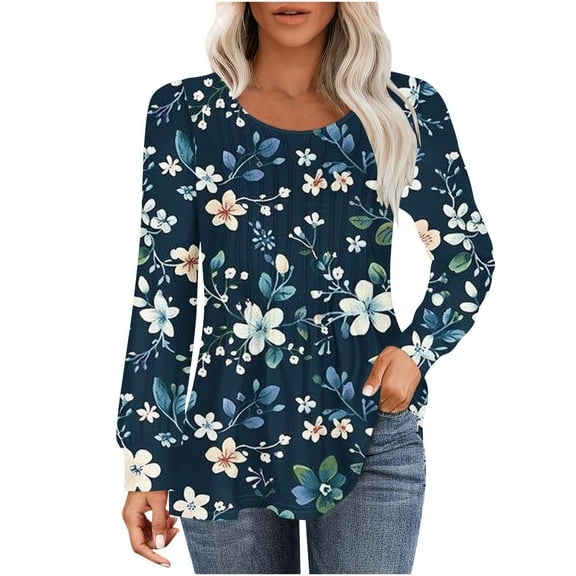 hxobax Women Fall Spring Tops Casual T Shirts Long Sleeve Crewneck Pleated Blouse Tunic for Leggings