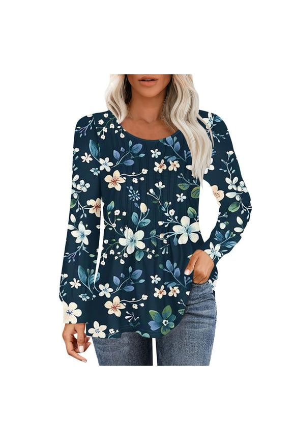 Women Fall Spring Tops Casual T Shirts Long Sleeve Crewneck Pleated Blouse Tunic for Leggings