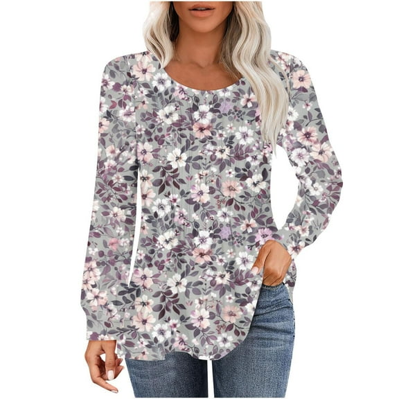 hxobax Women Fall Spring Tops Casual T Shirts Long Sleeve Crewneck Pleated Blouse Tunic for Leggings