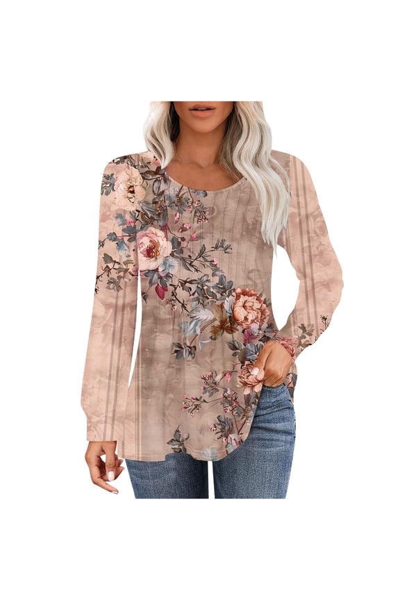 Women Fall Spring Tops Casual T Shirts Long Sleeve Crewneck Pleated Blouse Tunic for Leggings