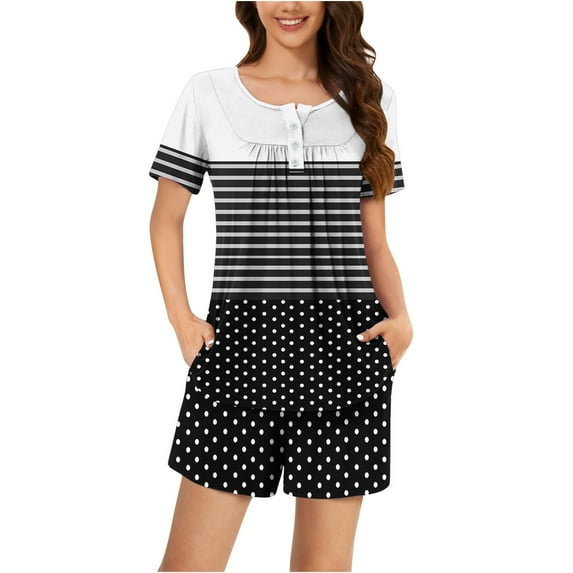 hxobax Women Fashion Pajamas Sets Shorts 2 Piece Short Sleeve Lounge Sets Sleepwear Colorblock Striped Polka Dot Round Neck Button-up Shirt Tops and Short Pants Pjs Set Loungewear,#01_Black,X-Large
