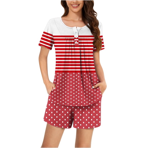hxobax Women Fashion Pajamas Sets Shorts 2 Piece Short Sleeve Lounge Sets Sleepwear Colorblock Striped Polka Dot Round Neck Button-up Shirt Tops and Short Pants Pjs Set Loungewear,#01_Red,Large