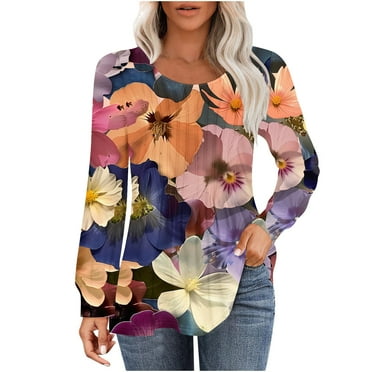 hxobax Women Floral Tunic Tops for Leggings Long Sleeve T-Shirts Spring Fall Crewneck Pleated Tshirt