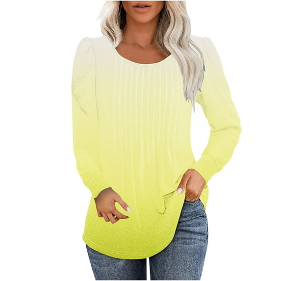 hxobax Women Gradient Tunic Tops for Leggings Pleated Crewneck Puff Long Sleeve Shirt Fall Basic Tee