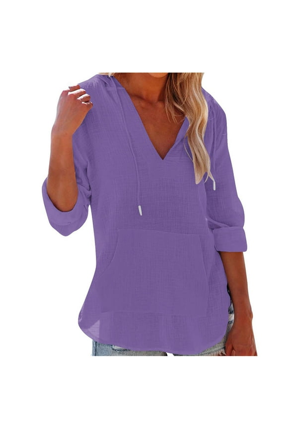 Women Long Sleeve Hoodies Tshirts Casual V Neck String Hooded Shirts Tunic Tops with Pocket