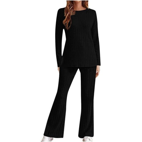 hxobax Women Long Sleeve Pajama Sets Rib Knit Lounge Set Cute Casual 2 Piece Pj Outfit Fall Sleepwear Solid Color Crewneck Pullover Tops and Drawstring Pants Matching Set Nightwear,Black,Medium
