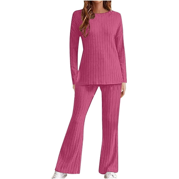 hxobax Women Long Sleeve Pajama Sets Rib Knit Lounge Set Cute Casual 2 Piece Pj Outfit Fall Sleepwear Solid Color Crewneck Pullover Tops and Drawstring Pants Matching Set Nightwear,Hot Pink,Small