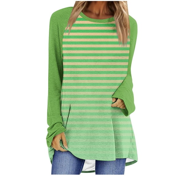 hxobax Women Long Sleeve Shirts Striped Tunic Tops for Leggings Colorblock Crewneck Pullover Blouses