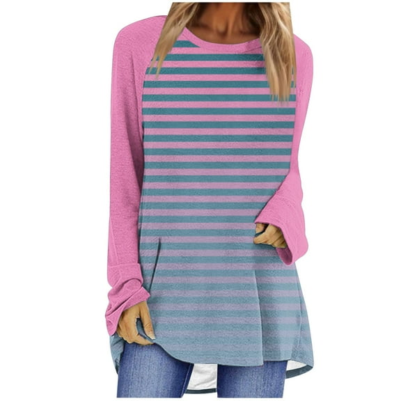 hxobax Women Long Sleeve Shirts Striped Tunic Tops for Leggings Colorblock Crewneck Pullover Blouses