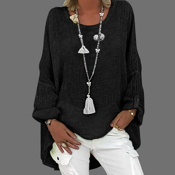 hxobax Women Oversized Long Sleeve Shirts Fall Linen Tunic Tops Fall Drop Shoulder Crewneck Pullover