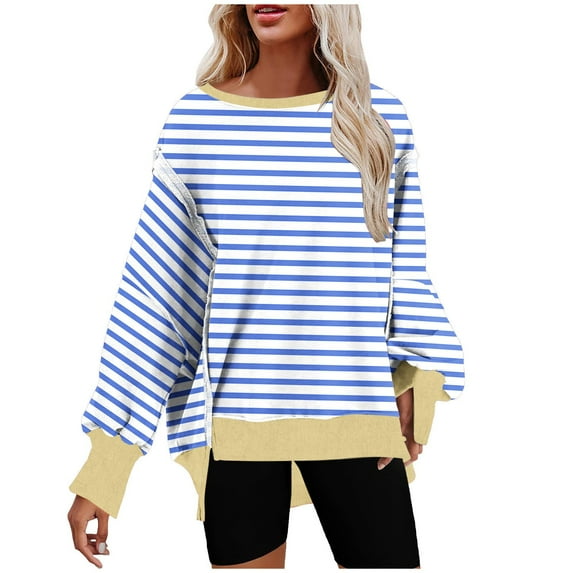 hxobax Women Oversized Striped Sweatshirt Colorblock High Low Tunic Pullover Quilted Hoodies Sweater