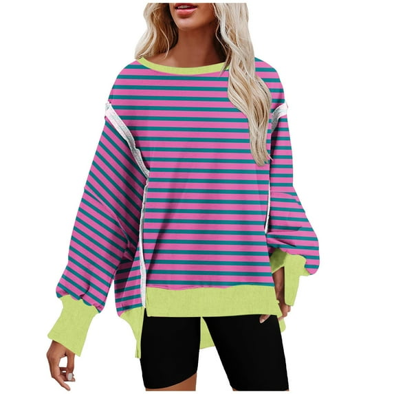 hxobax Women Oversized Striped Sweatshirt Colorblock High Low Tunic Pullover Quilted Hoodies Sweater