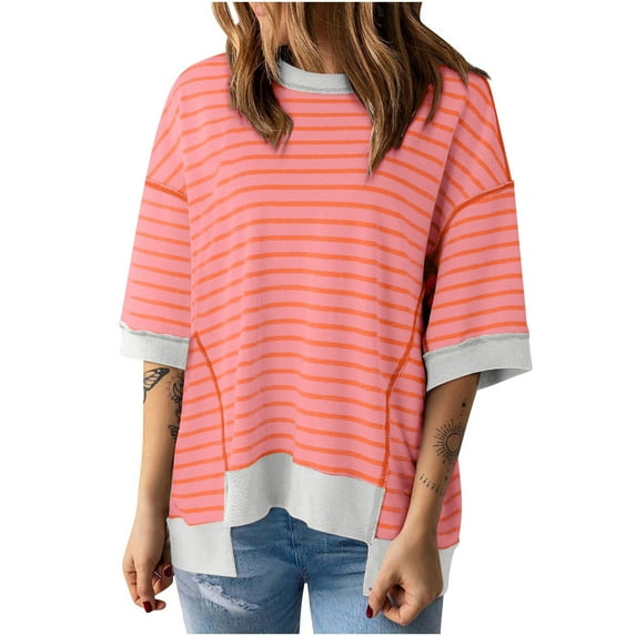 hxobax Women Oversized Striped Tshirt Crewneck Colorblock Short Sleeve Tunic Tops Irregular Pullover