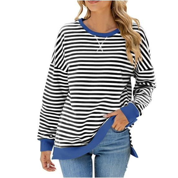 hxobax Women Oversized Sweatshirt Striped Color Block Pullover Long Sleeve Crew Neck Y2K Shirts Tops