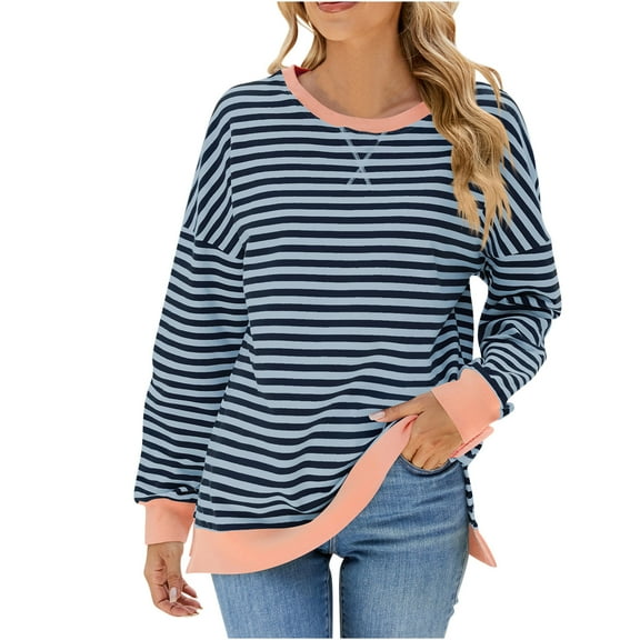hxobax Women Oversized Sweatshirt Striped Color Block Pullover Long Sleeve Crew Neck Y2K Shirts Tops