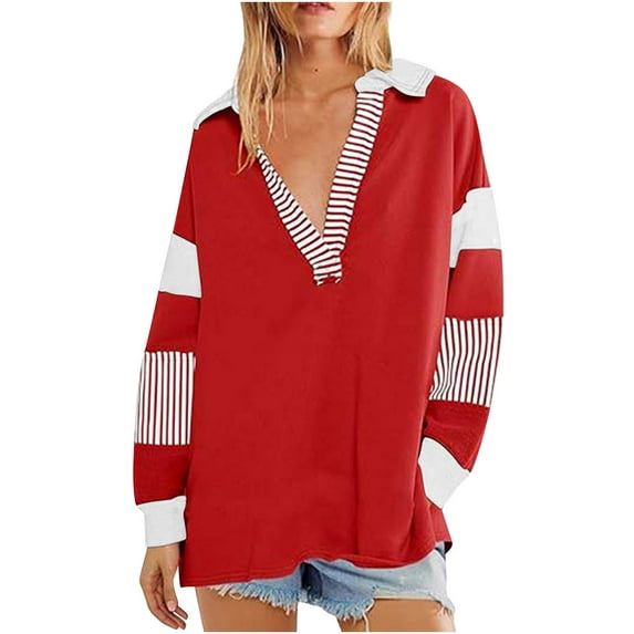 hxobax Women Oversized Sweatshirts Color Block Long Sleeve Pullover Fall Collared Shirts Slit Jumper