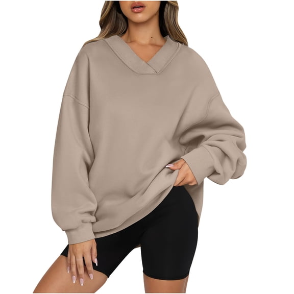 hxobax Women Oversized V Neck Sweatshirt Fleece Long Sleeve Pullover Hoodie Comfy Top Preppy Clothes