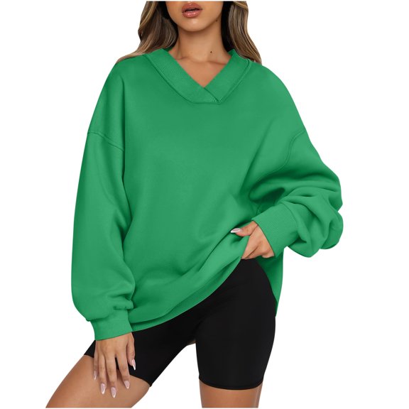 hxobax Women Oversized V Neck Sweatshirt Fleece Long Sleeve Pullover Hoodie Comfy Top Preppy Clothes
