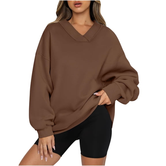 hxobax Women Oversized V Neck Sweatshirt Fleece Long Sleeve Pullover Hoodie Comfy Top Preppy Clothes
