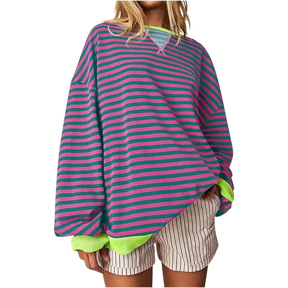hxobax Women Striped Oversize Sweatshirt Colorblock Crewneck Long Sleeve Shirt Cute Preppy Pullover