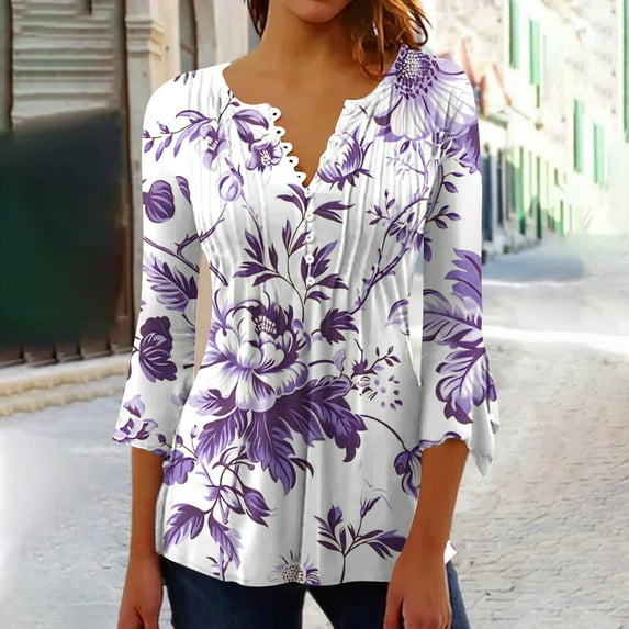 hxobax Women Vintage Floral Tunic Blouse Ruffle 3/4 Sleeve Tshirts V Neck Button Shirts Pleated Tops