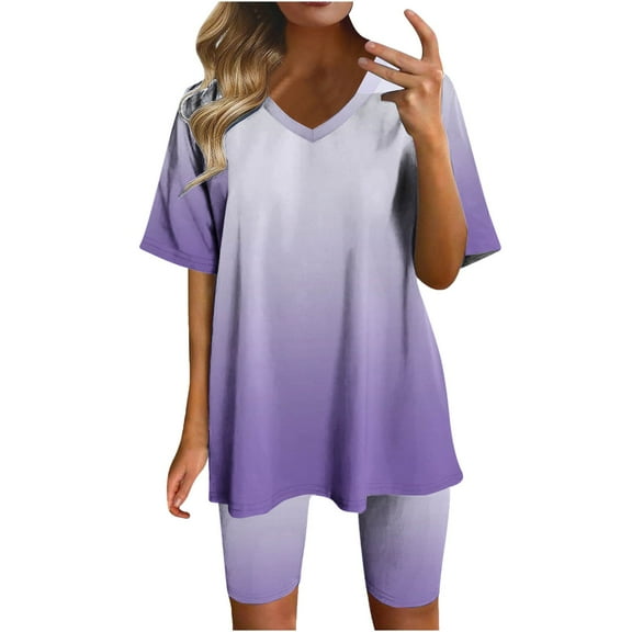 hxobax Women Workout Shorts Sets, Women's 2 Piece Pajama Set Gradient Short Sleeve V Neck Shirts Tops and Elastic Waist Shorts Pajamas Sets Tracksuit Matching Loungewear Sleepwear,#01_Red,3X-Large