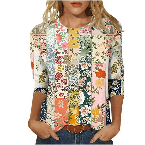 hxobax Women's 3/4 Sleeve T Shirts Cute Tunic Tops Casual Crewneck Tees Dressy Basic Pullover Blouse