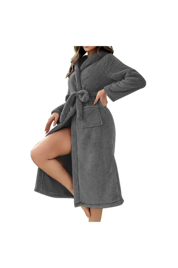 Women's Bathrobes Fleece Hooded Mid-Length Spa Robes, Women Winter Soft Warm Plush Kimono Bathrobe Lady Cozy Fuzzy Loungewear Sleepwear with Waist Belt Pocket Robe Pajamas,Gray,Large