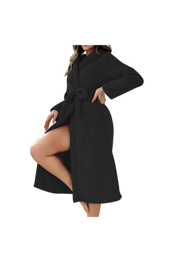 Women's Bathrobes Fleece Hooded Mid-Length Spa Robes, Women Winter Soft Warm Plush Kimono Bathrobe Lady Cozy Fuzzy Loungewear Sleepwear with Waist Belt Pocket Robe Pajamas,Black,Large