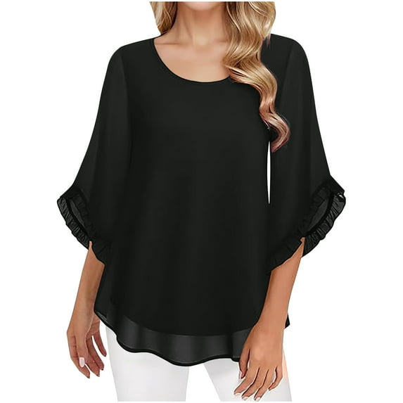 hxobax Women's Chiffon Blouses Ruffle Half Sleeve Shirts Casual Round Neck Layered Work Blouse Tops