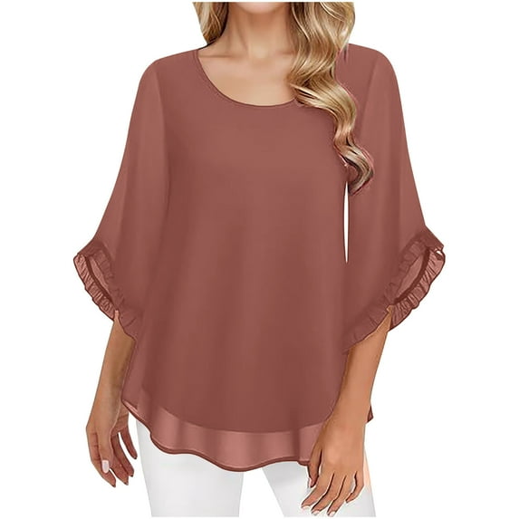 hxobax Women's Chiffon Blouses Ruffle Half Sleeve Shirts Casual Round Neck Layered Work Blouse Tops