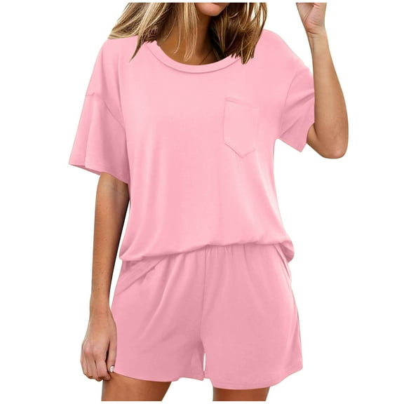 hxobax Women's Comfy Sleepwear, 2 Piece Womens Short Sleeve Pajama Sets Solid Crewneck Tops and Elastic Waist Shorts Lounge Set Soft Pjs Matching Sets Pocket Loungewear Nightgown,Pink,Small