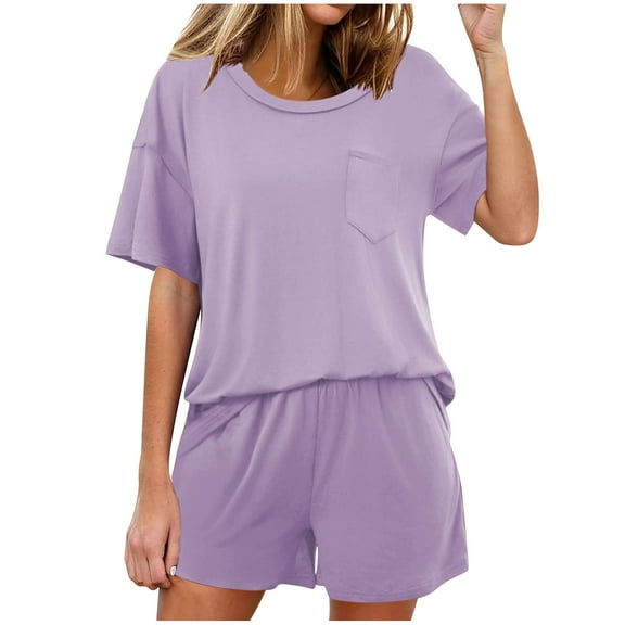 hxobax Women's Comfy Sleepwear, 2 Piece Womens Short Sleeve Pajama Sets Solid Crewneck Tops and Elastic Waist Shorts Lounge Set Soft Pjs Matching Sets Pocket Loungewear Nightgown,Purple,X-Large
