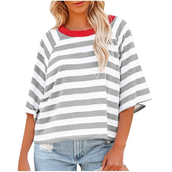 hxobax Women's Cute Striped T-Shirts Oversized Knit Colorblock Crewneck Pullover 3/4 Sleeve T Shirts