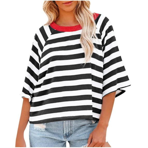 hxobax Women's Cute Striped T-Shirts Oversized Knit Colorblock Crewneck Pullover 3/4 Sleeve T Shirts