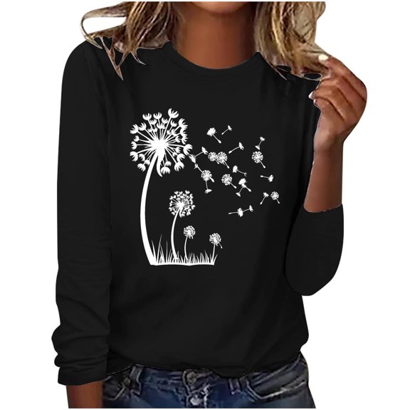 hxobax Women's Dandelion Long Sleeve Tops Casual Crewneck T-Shirts Cute Workout Tunic Pullover Shirt