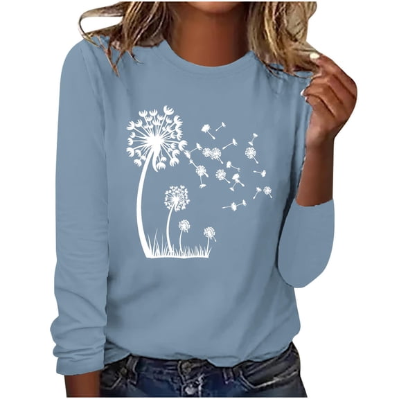 hxobax Women's Dandelion Long Sleeve Tops Casual Crewneck T-Shirts Cute Workout Tunic Pullover Shirt