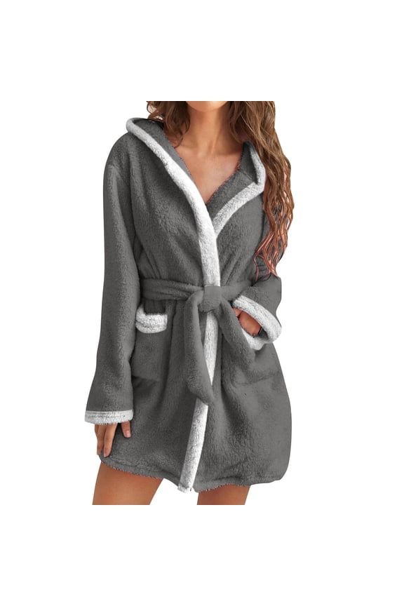Hot Sales Women's Fleece Hooded Bathrobe Plush Short Spa Robe with Waist Belt Kimono Robes Sleepwear Winter Warm Cozy Nightgown Pockets Long Sleeve Hoodies Bathrobes Loungewear Pajama,Gray,Small