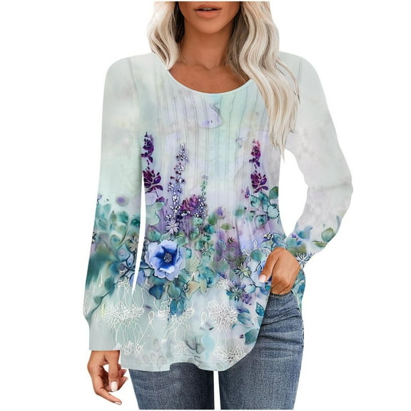 hxobax Women's Floral Long Sleeve T Shirts Round Neck Pleated Tunic Tops Casual Blouses for Leggings