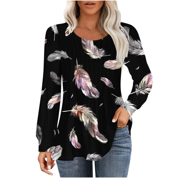 hxobax Women's Floral Long Sleeve T Shirts Round Neck Pleated Tunic Tops Casual Blouses for Leggings