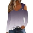 thumbnail image 1 of hxobax Women's Gradient Tshirts Notch V Neck Tunic Tops Sexy Cold Shoulder Long Sleeve Eyelet Blouse, 1 of 6