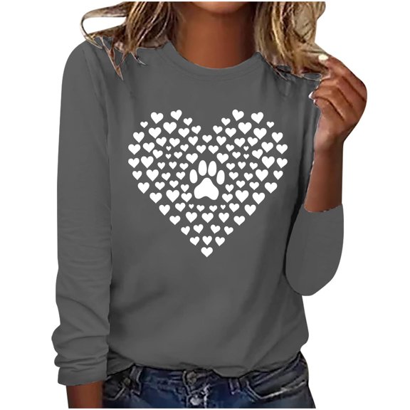 hxobax Women's Heart Basic Tee Funny Dog Paw Tshirt Casual Crewneck Long Sleeve Tunic Tops Pullover