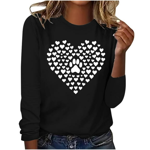 hxobax Women's Heart Basic Tee Funny Dog Paw Tshirt Casual Crewneck Long Sleeve Tunic Tops Pullover