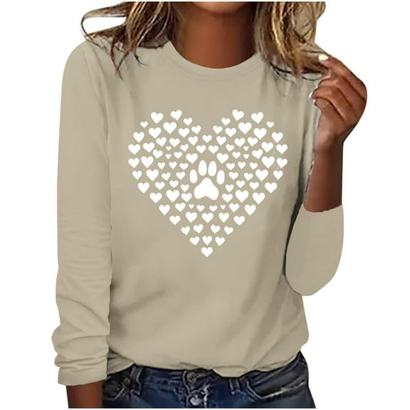 hxobax Women's Heart Basic Tee Funny Dog Paw Tshirt Casual Crewneck Long Sleeve Tunic Tops Pullover