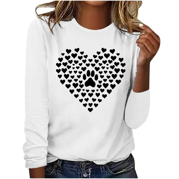 hxobax Women's Heart Basic Tee Funny Dog Paw Tshirt Casual Crewneck Long Sleeve Tunic Tops Pullover