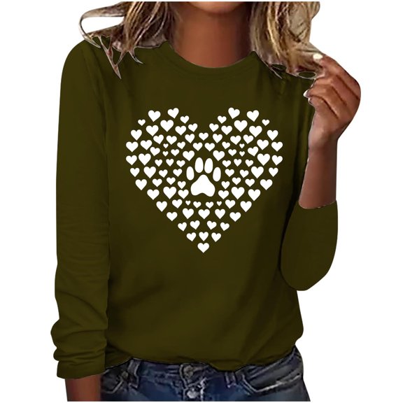 hxobax Women's Heart Basic Tee Funny Dog Paw Tshirt Casual Crewneck Long Sleeve Tunic Tops Pullover