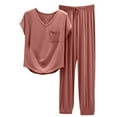 thumbnail image 1 of hxobax Women's Modal Short-Sleeve Shirt and Full-Length Bottom Pajama Sets Relaxed Fit 2 Piece Sleepwear Casual Solid V Neck Tops Matching Set with Pocket Drawstring Elastic Pants,#01_Pink,XX-Large, 1 of 6