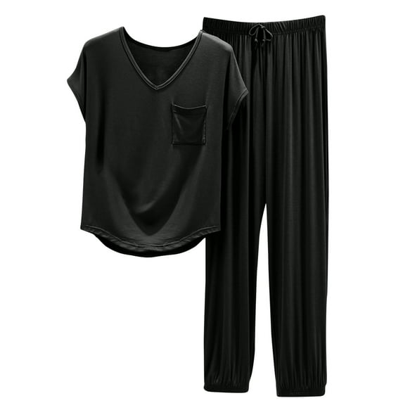 hxobax Women's Modal Short-Sleeve Shirt and Full-Length Bottom Pajama Sets Relaxed Fit 2 Piece Sleepwear Casual Solid V Neck Tops Matching Set with Pocket Drawstring Elastic Pants,#01_Black,XX-Large