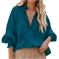 thumbnail image 1 of hxobax Women's Oversized Linen Blouses Collar V Neck Button up Shirts Long Smocked Sleeves Work Tops, 1 of 7