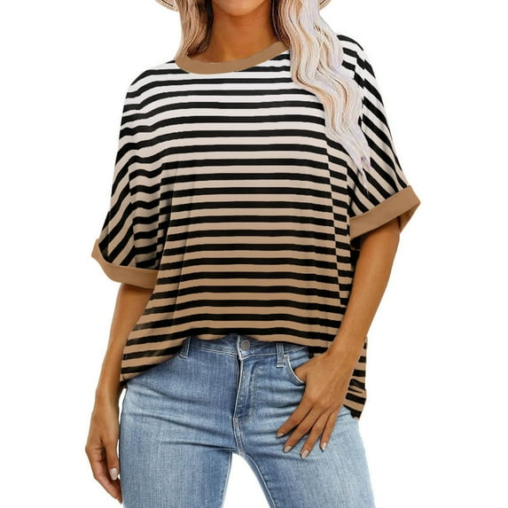 hxobax Women's Oversized Striped Tshirts Summer Rolled Short Sleeve Tunic Tops Color Block Blouses